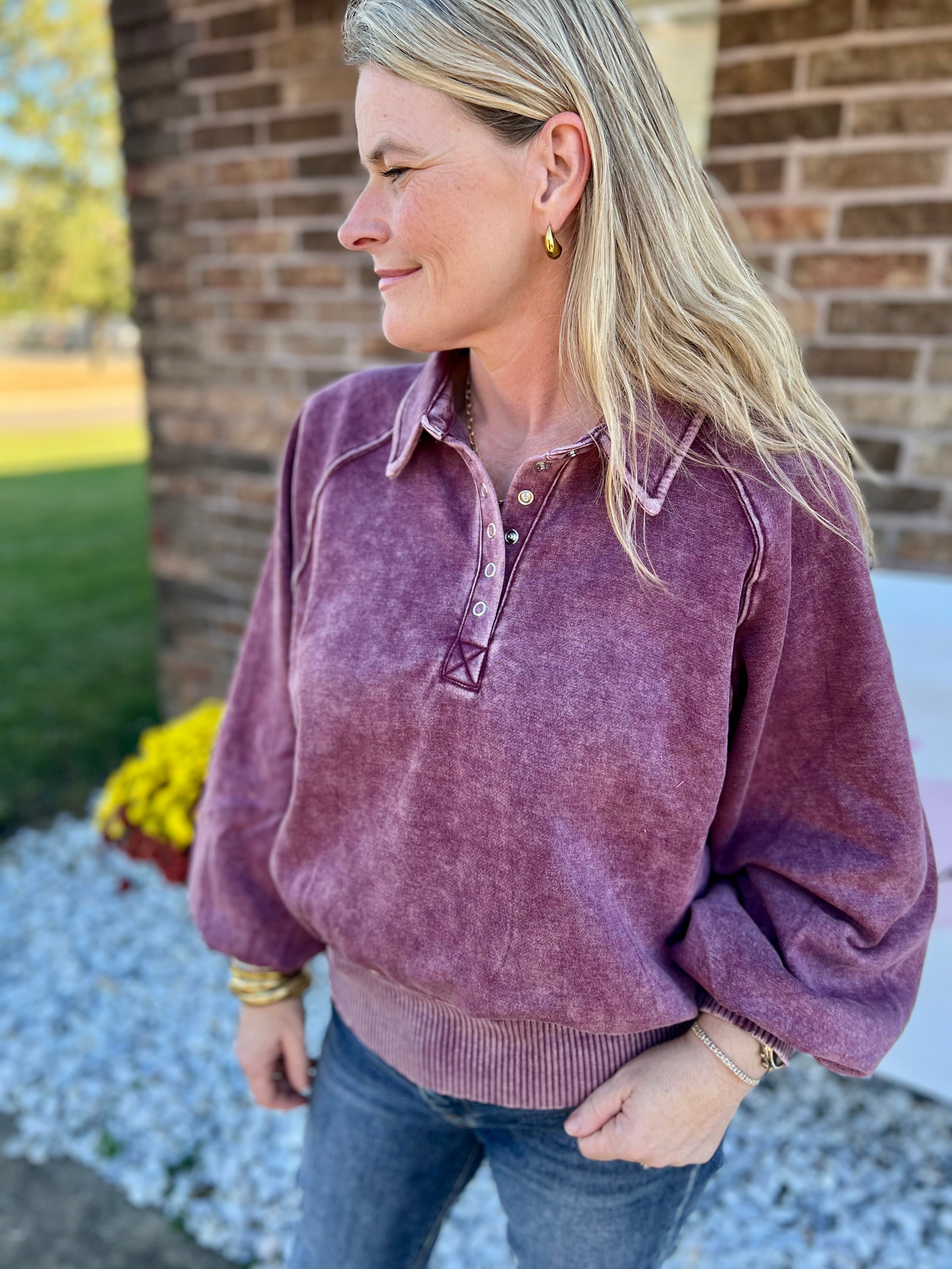 Acid Wash Fleece Button Up Collared Pullover