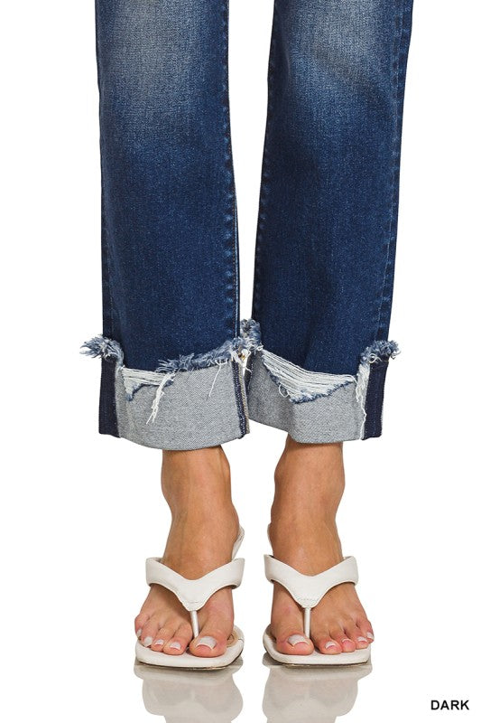 Zenana Cuffed Distressed Hem Denim Pants