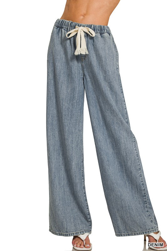 Wide Leg Drawstring Elastic Waistband Denim Pants