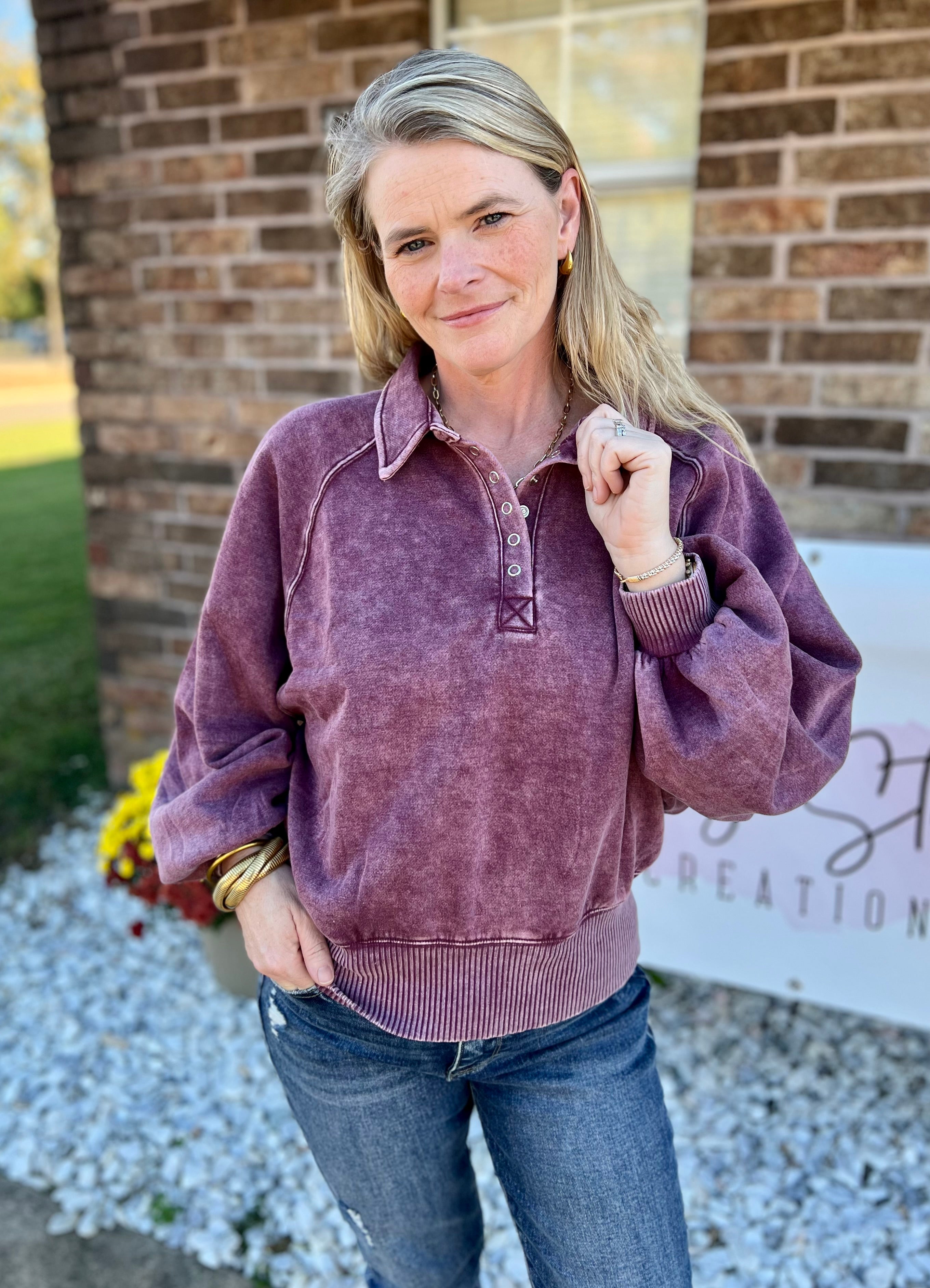 Acid Wash Fleece Button Up Collared Pullover