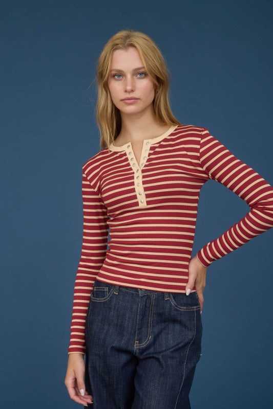Stripe Snap Button Henley Rib Knit Top