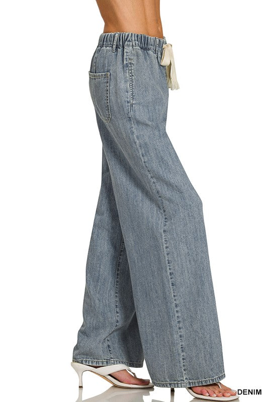 Wide Leg Drawstring Elastic Waistband Denim Pants
