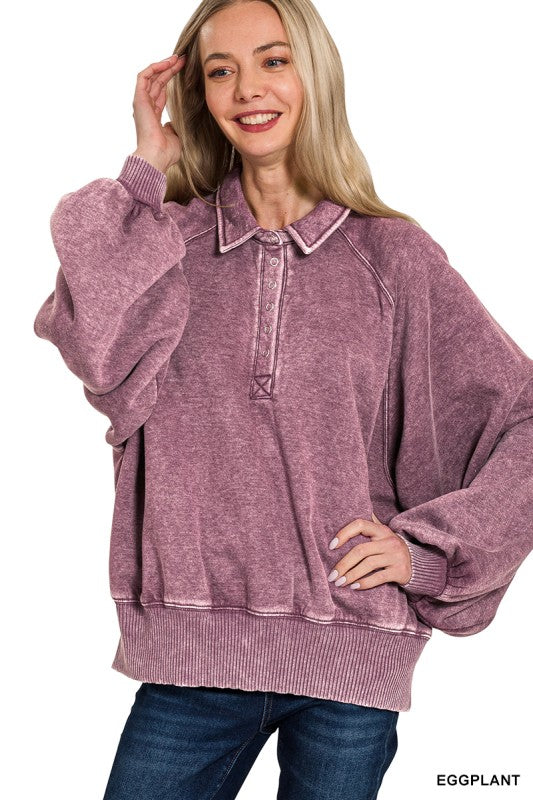 Acid Wash Fleece Button Up Collared Pullover