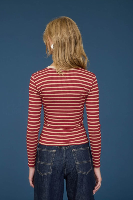 Stripe Snap Button Henley Rib Knit Top