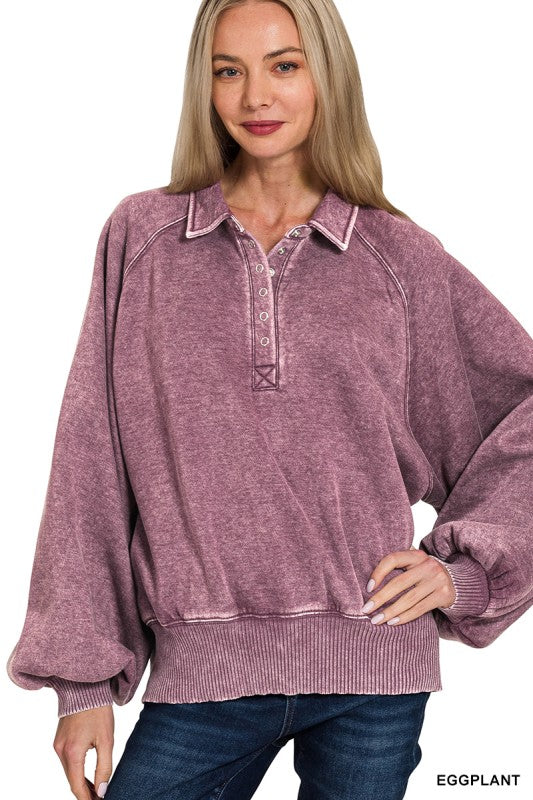 Acid Wash Fleece Button Up Collared Pullover