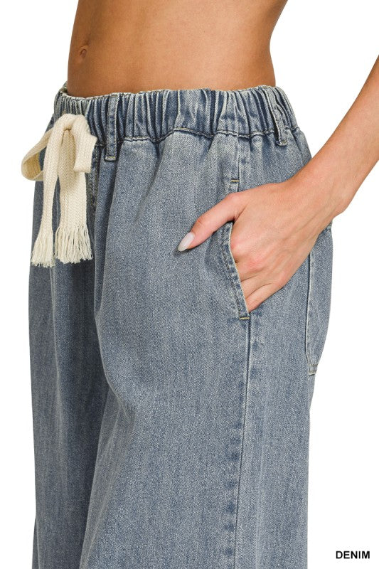 Wide Leg Drawstring Elastic Waistband Denim Pants