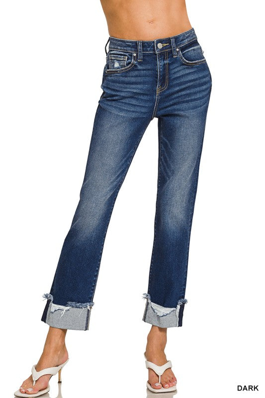 Zenana Cuffed Distressed Hem Denim Pants