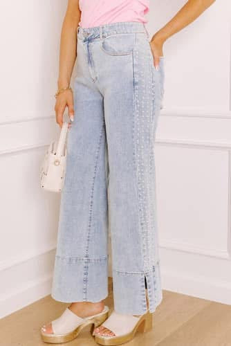 Pearl Detail Split Wide Leg Jeans