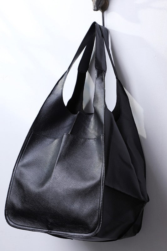 BLACK OVERSIZE LARGE CAPACITY SOFT VEGAN LEATHER BAG