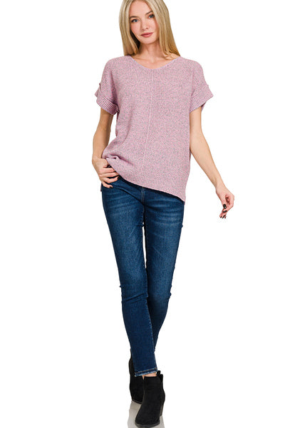 ZENANA CENTER SEAM SHORT SLEEVE SWEATER