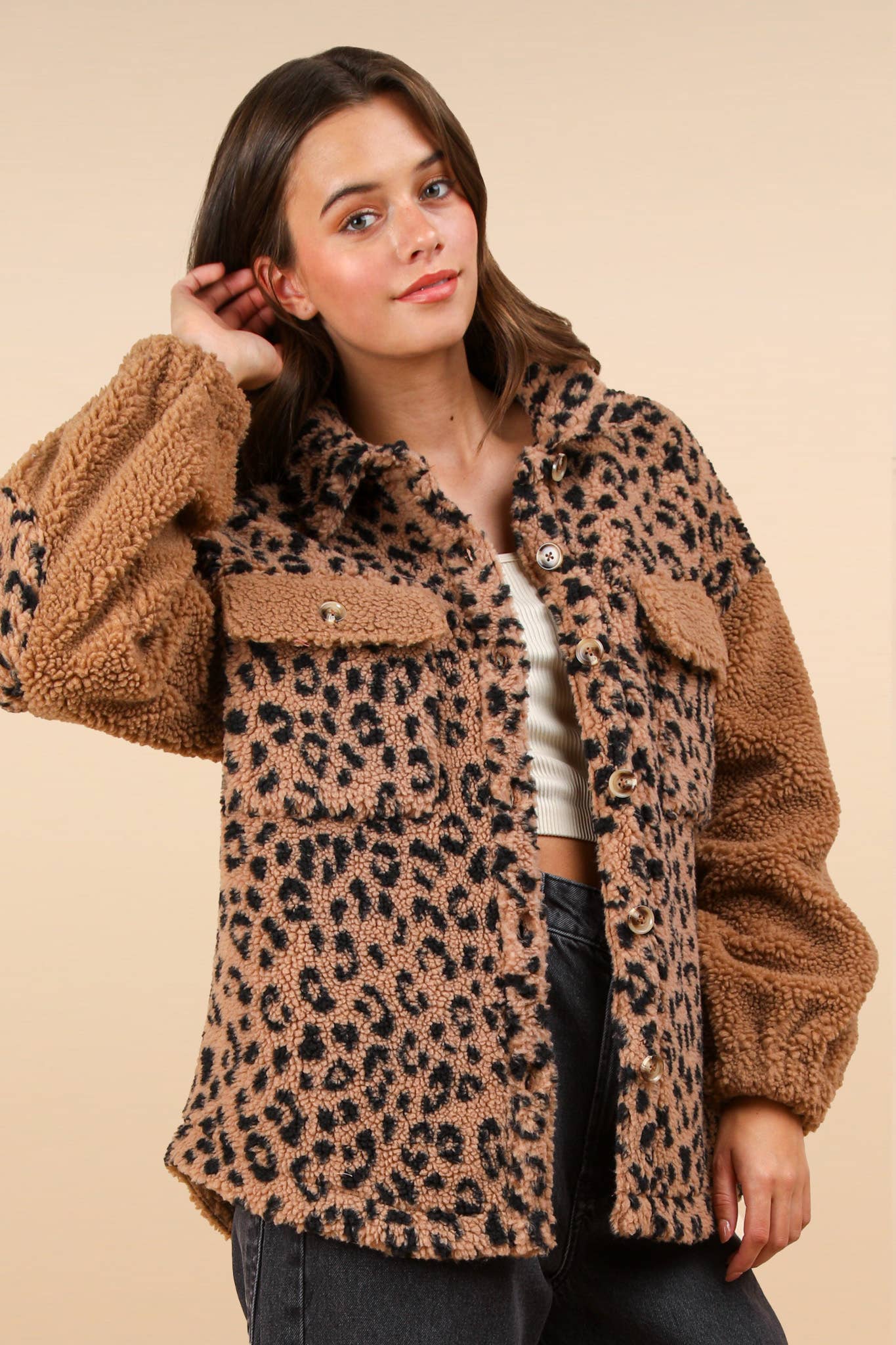 OVERSIZED LEOPARD PRINTED FLEECE JACKET