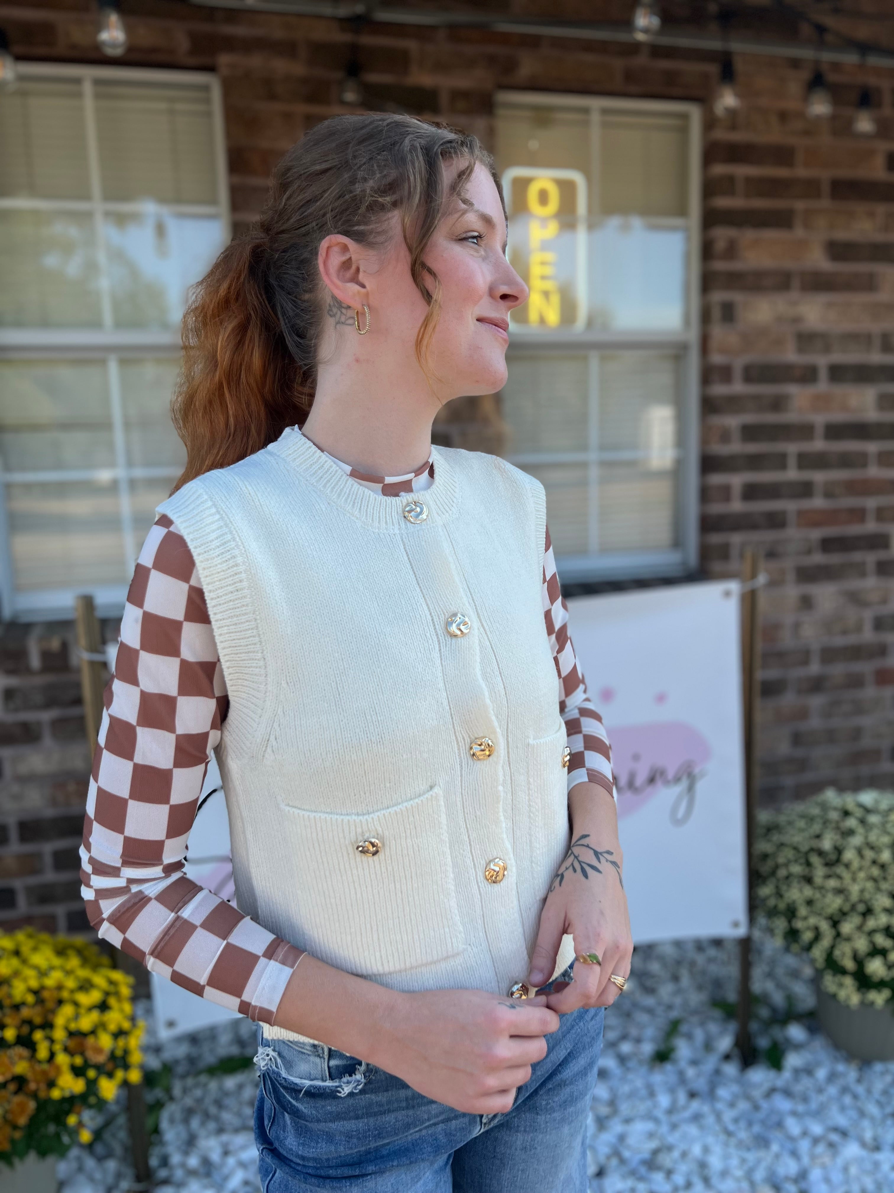 Sleeveless Knit Sweater Vest Gold Buttons