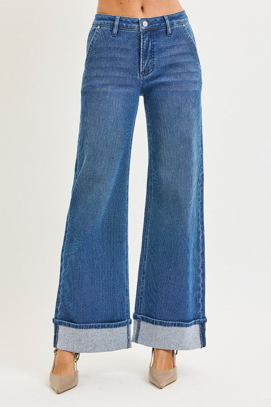 Risen Ribbed Mid Rise Wide Leg Cuffed Jeans