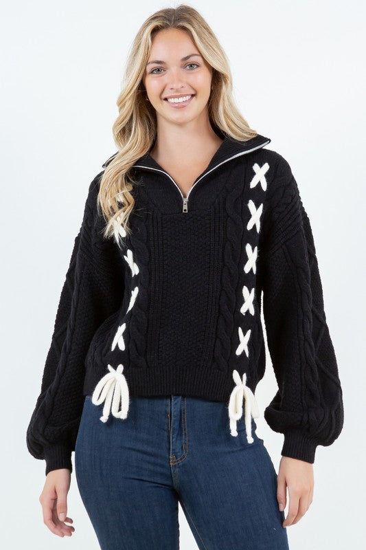 LACED UP COLLARED HALF ZIP SWEATER