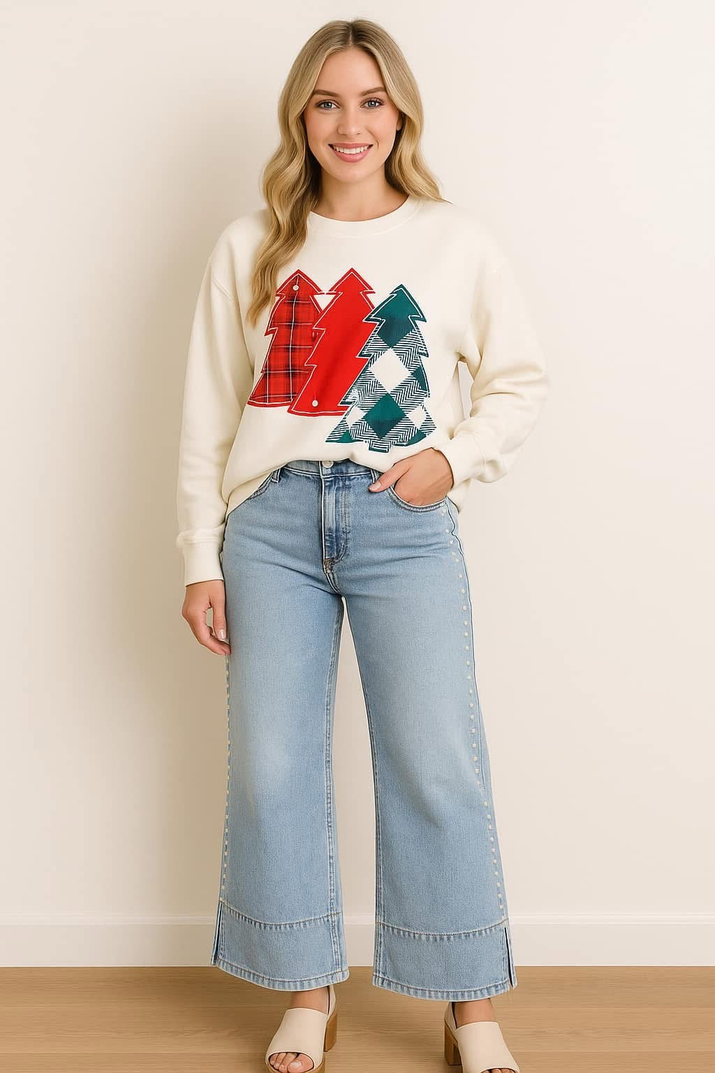 Pearl Detail Split Wide Leg Jeans