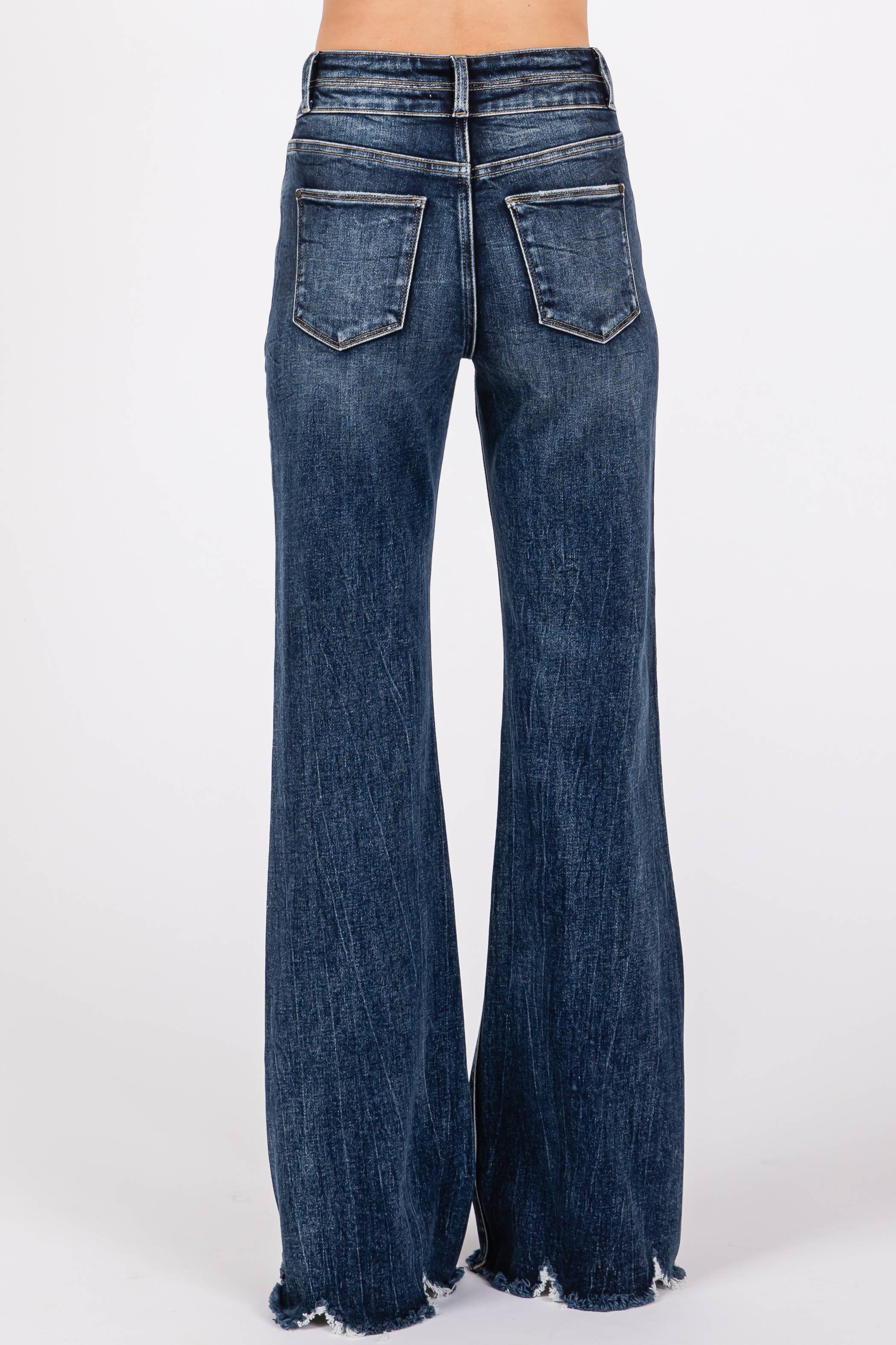 PETRA HIGH RISE STRETCH WIDE LEG FLARE JEANS WITH FRAYED HEM