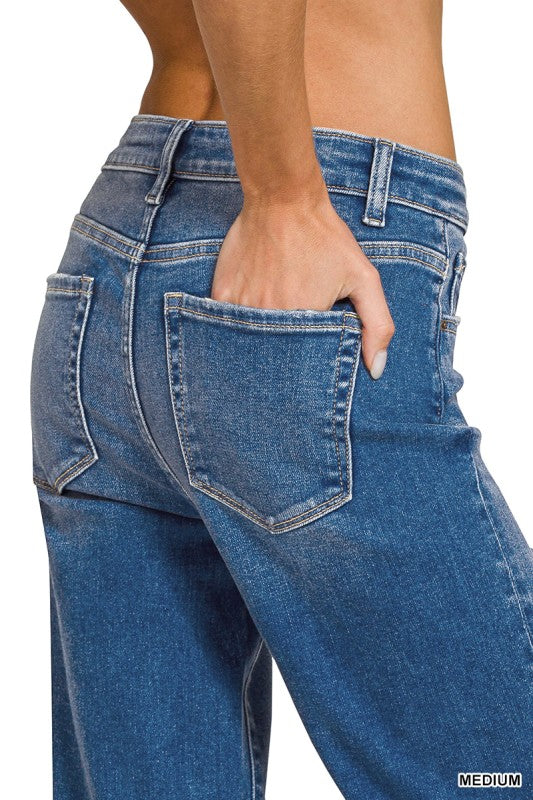 Zenana Distressed Hem Denim Pants