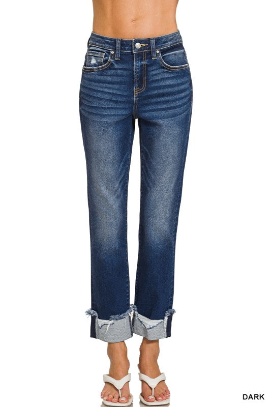 Zenana Cuffed Distressed Hem Denim Pants