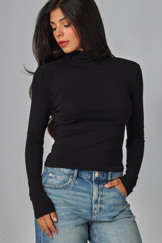 MOCK NECK FINE RIBBED LONG SLEEVE TOP