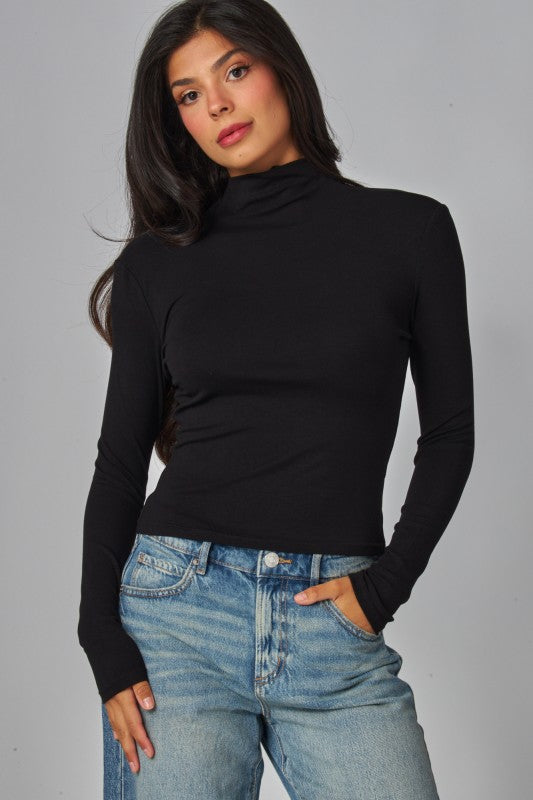 MOCK NECK FINE RIBBED LONG SLEEVE TOP
