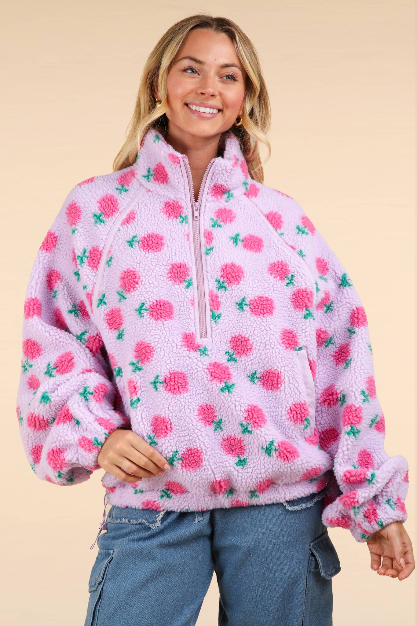 FLORAL PRINTED FLEECE ZIP UP WITH POCKETS