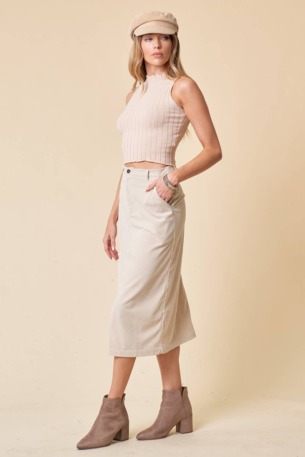 CORDUROY FRONT ZIP-UP MIDI SKIRT W/ FRONT SLIT