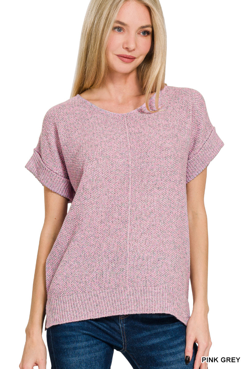 ZENANA CENTER SEAM SHORT SLEEVE SWEATER