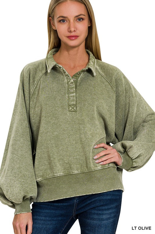 ZENANA Acid Wash Fleece Collared Sweatshirt