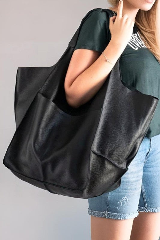 BLACK OVERSIZE LARGE CAPACITY SOFT VEGAN LEATHER BAG