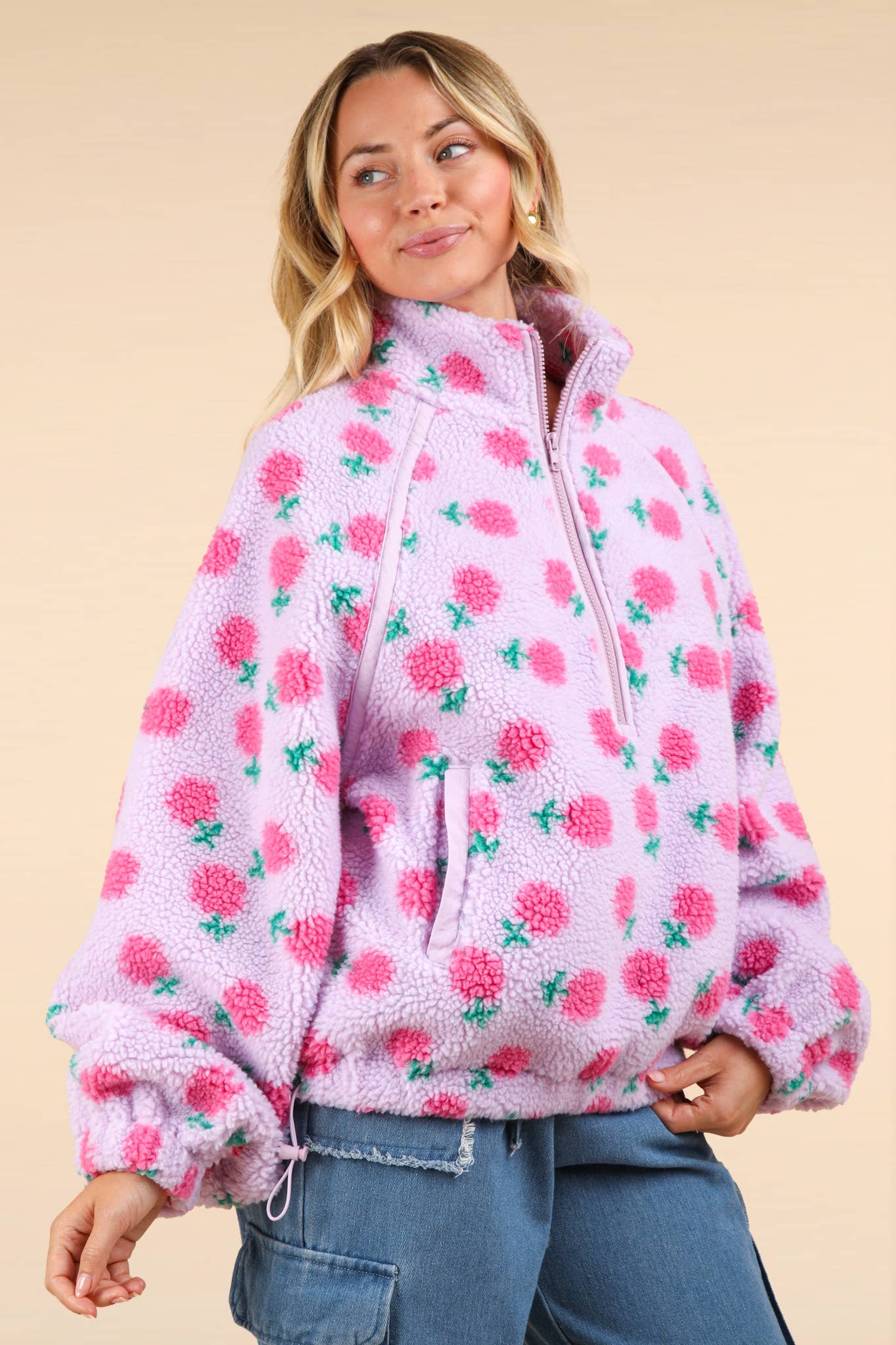 FLORAL PRINTED FLEECE ZIP UP WITH POCKETS