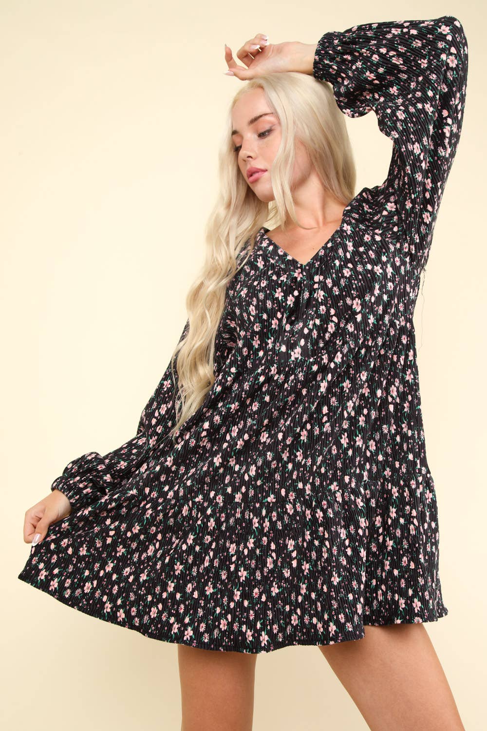 FLOWER PRINTED VELVET BABYDOLL DRESS