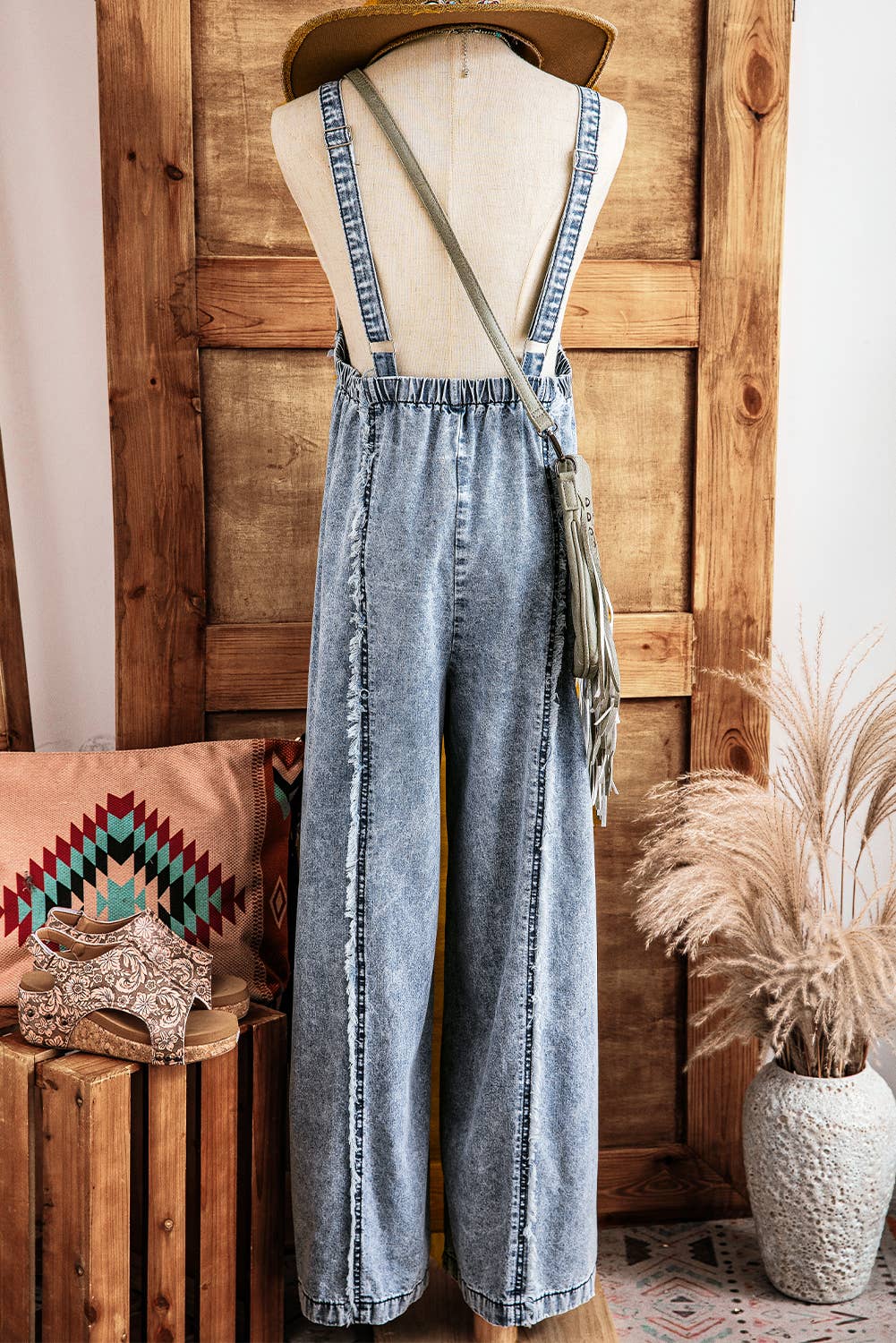 Fall Clothing Light Wash Frayed Exposed Seam Denim Overall