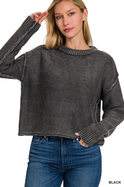 ZENANA WASHED EXPOSED SEAM CREW NECK CROPPED
SWEATER