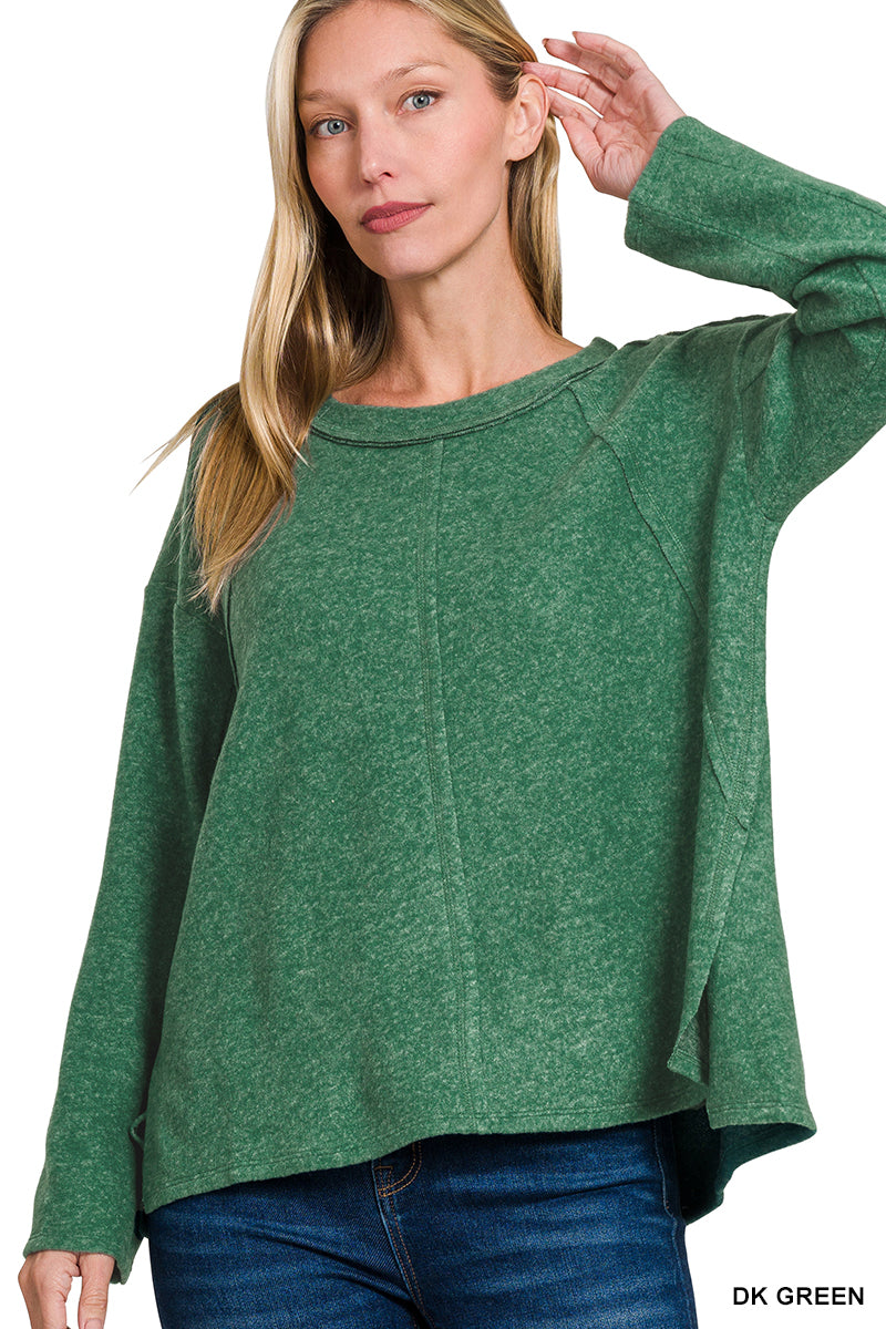 ZENANA BRUSHED HACCI EXPOSED SEAM HI LOW SWEATER