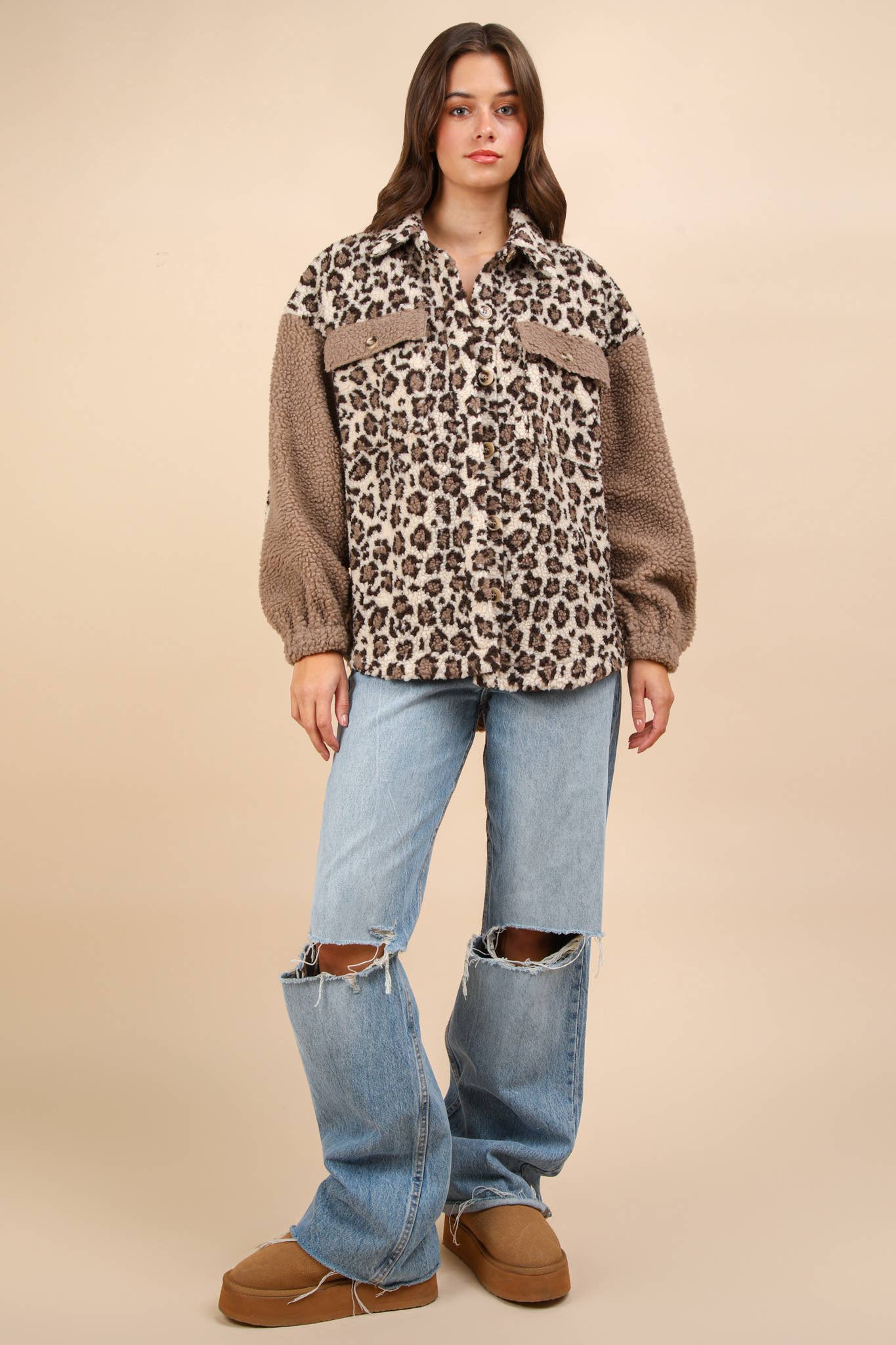 OVERSIZED LEOPARD PRINTED FLEECE JACKET