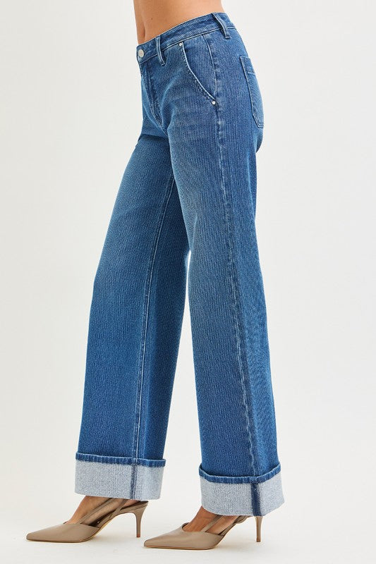 Risen Ribbed Mid Rise Wide Leg Cuffed Jeans