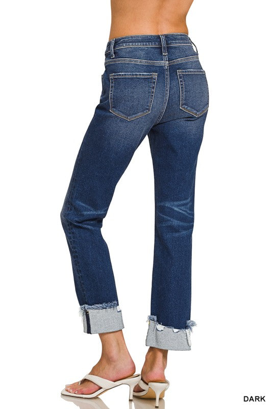Zenana Cuffed Distressed Hem Denim Pants
