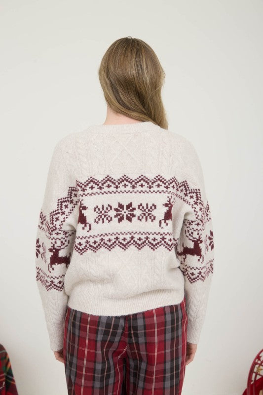 Snowflake Deer Cable Knit Pullover Sweater