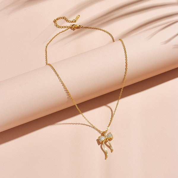 Tarnish Free Rhinestone Bow Necklace