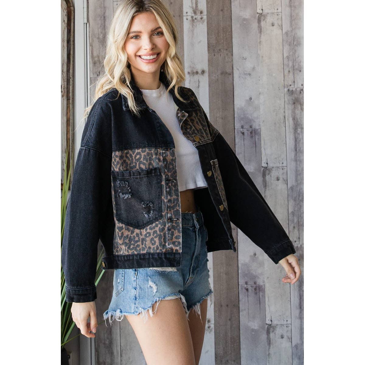 LEOPARD SPLICING DENIM JACKET