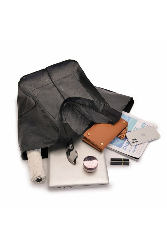 BLACK OVERSIZE LARGE CAPACITY SOFT VEGAN LEATHER BAG