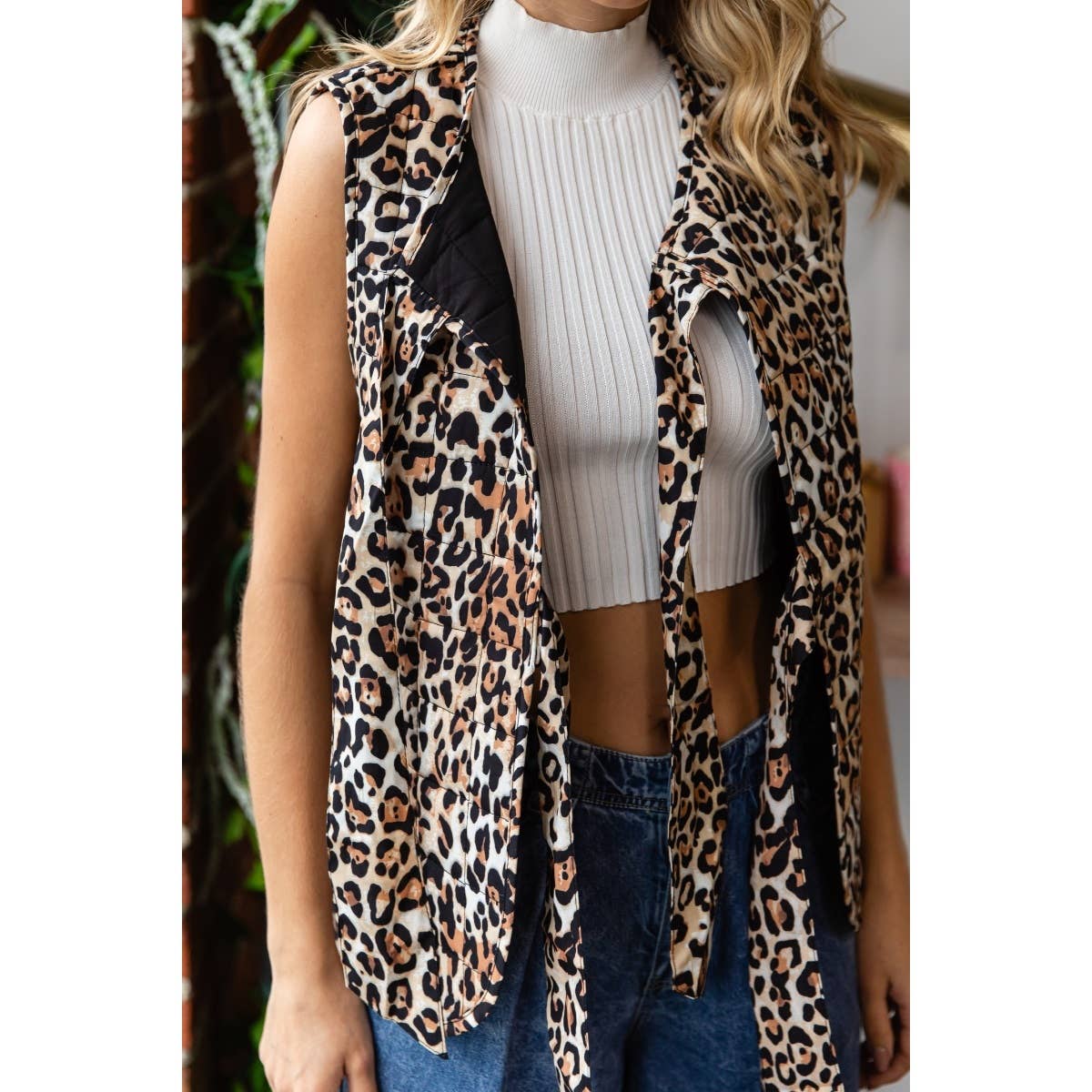 LEOPARD QUILT RIBBON TIE VEST