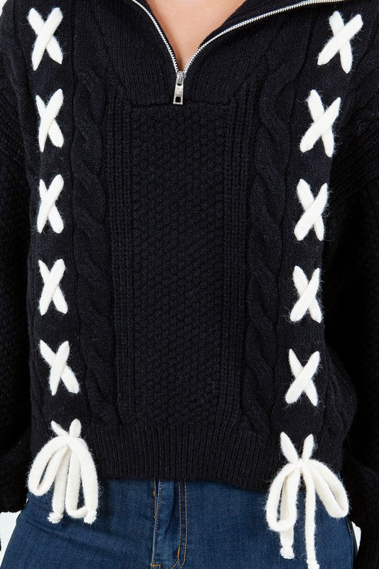 LACED UP COLLARED HALF ZIP SWEATER