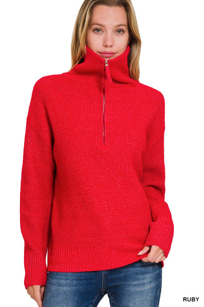 ZENANA HALF ZIP HIGH COLLARD PULLOVER SWEATER