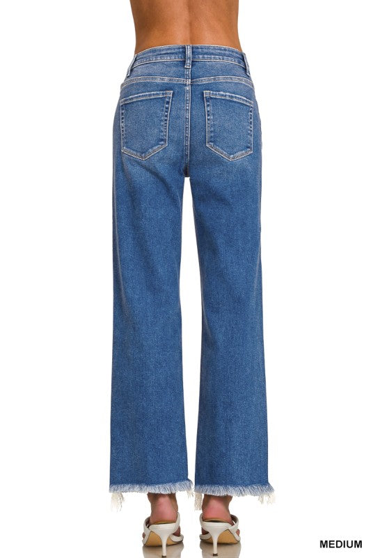 Zenana Distressed Hem Denim Pants