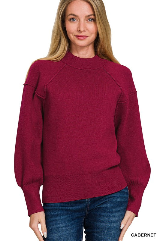 VISCOSE MOCK NECK EXPOSED SEAM SWEATER