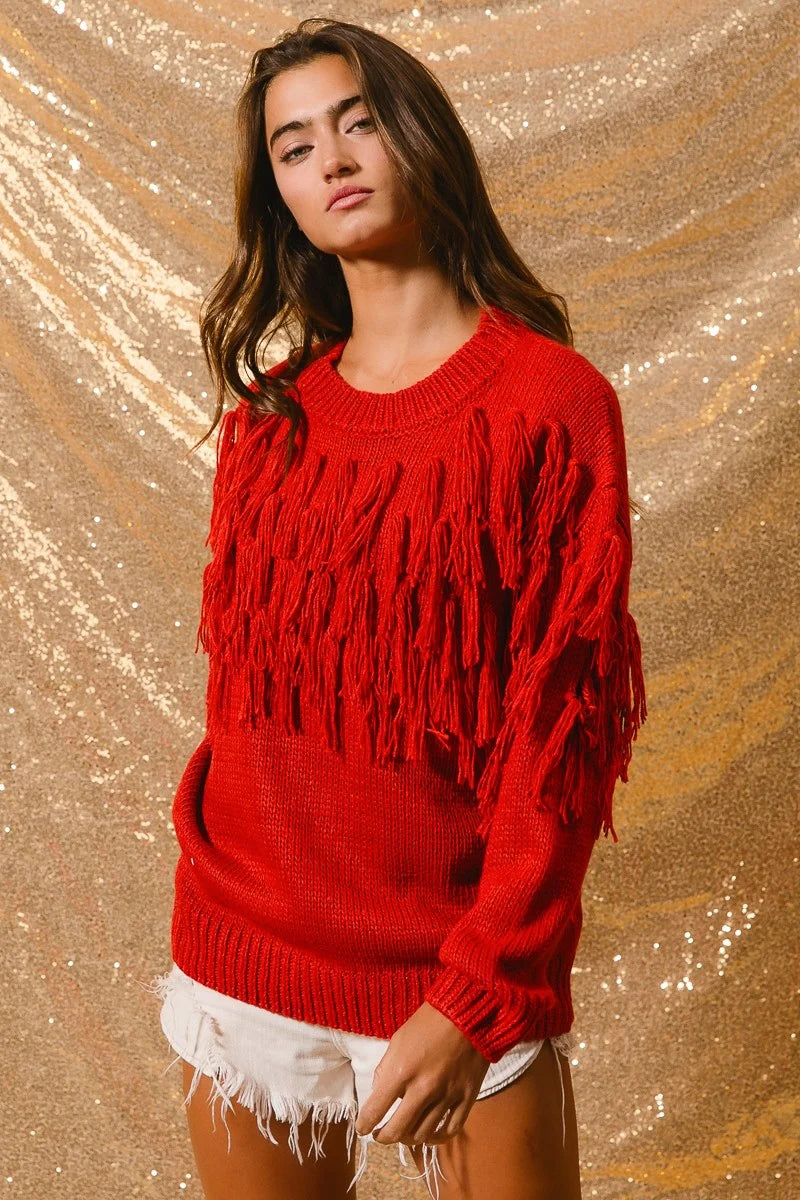 Bibi Rust Red Fringe Sweater