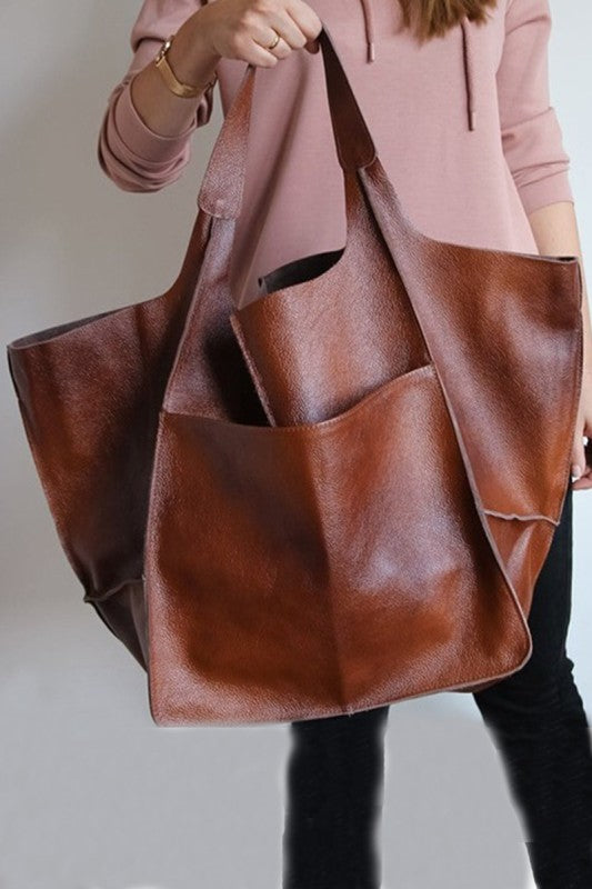 OVERSIZE LARGE CAPACITY SOFT VEGAN LEATHER BAG IN BROWN