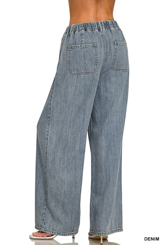 Wide Leg Drawstring Elastic Waistband Denim Pants