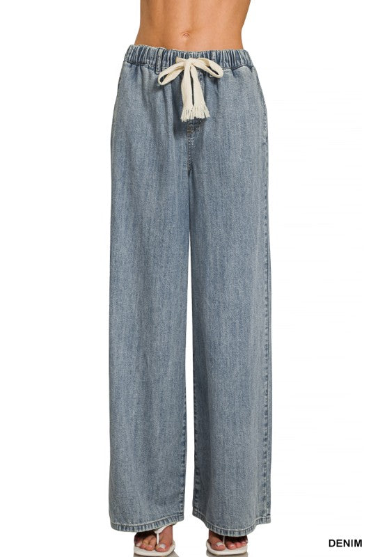 Wide Leg Drawstring Elastic Waistband Denim Pants